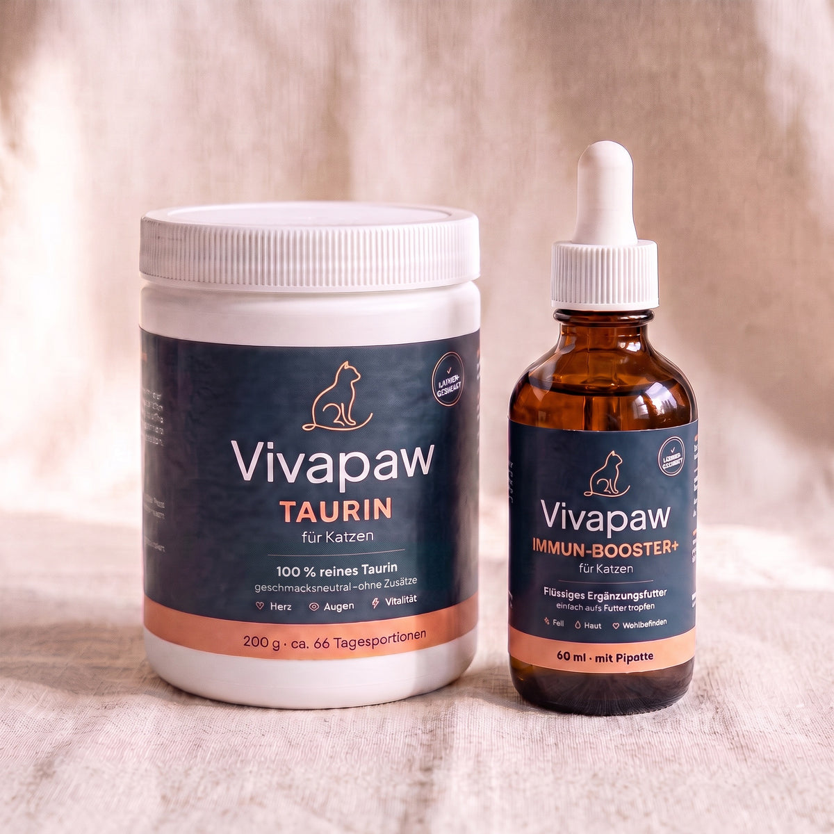 Vivapaw Immun-Booster+ neben der Vivapaw Taurin Dose