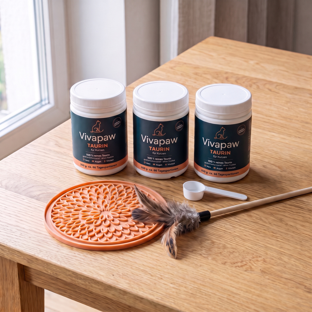 3 Dosen Vivapaw Taurin mit Leckmatte und Federangel als Geschenk