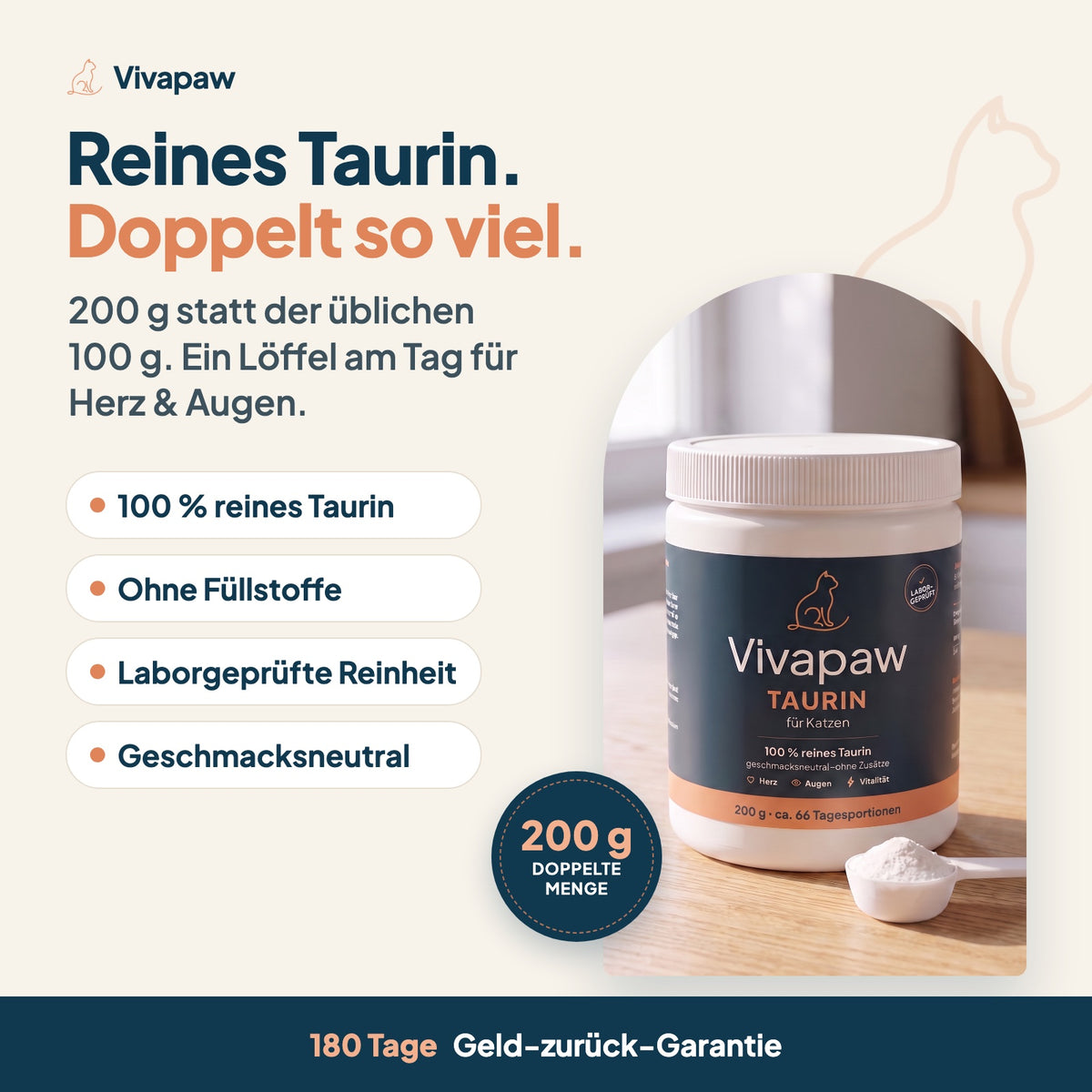 Vivapaw reines Taurin für Katzen – 200 g, doppelt so viel wie die übliche 100-g-Dose, laborgeprüft, tierärztlich empfohlen