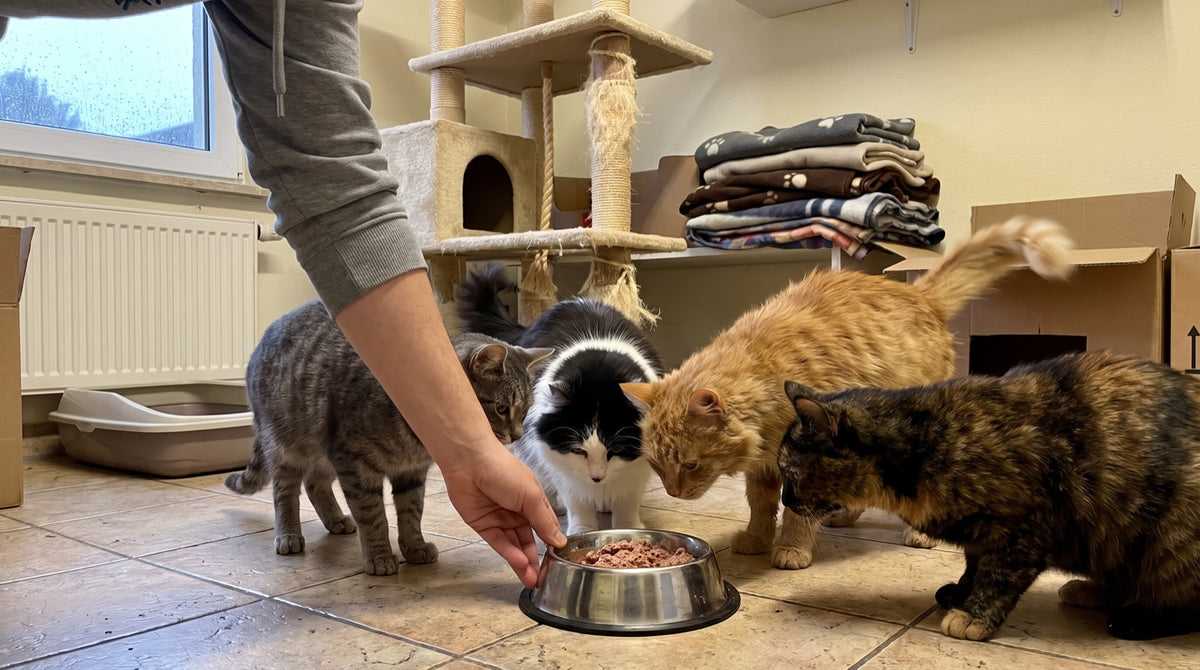 Ehrenamtliche Helferin stellt im Tierheim vier Katzen einen Napf mit Futter hin